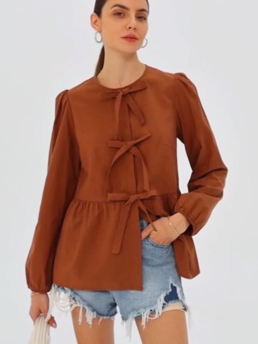 Prettygarden Brown Tie-Front Peplum Blouse Size L